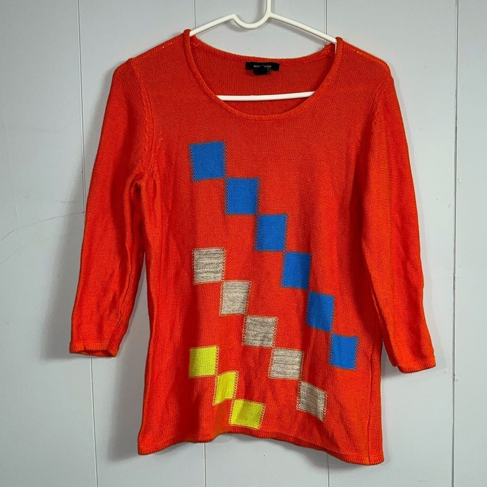 Alison Sheri Orange Square 3/4 Sleeve Crewneck Cotton Blend Sweater Size Medium